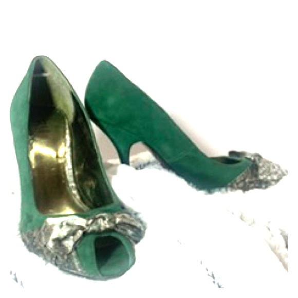Bakers Shoes - Emerald green suede Baker heels peep toe with bow